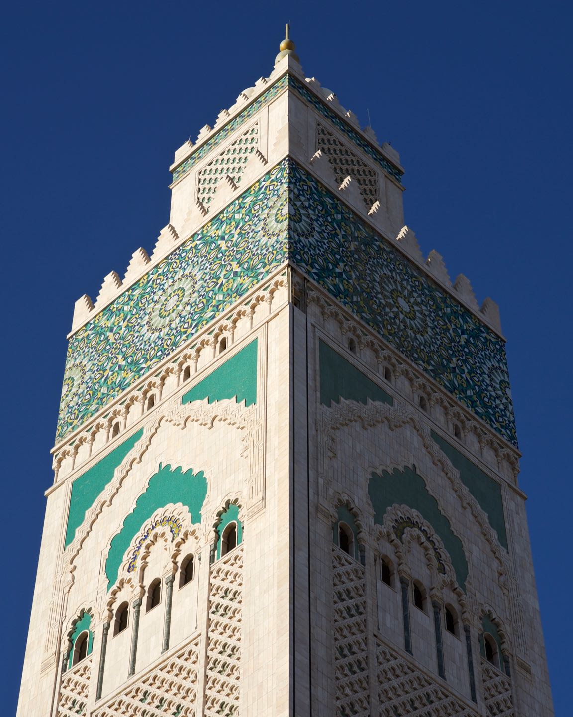 Fine details on the tower of the Hassan II Mosque of Casablanca.