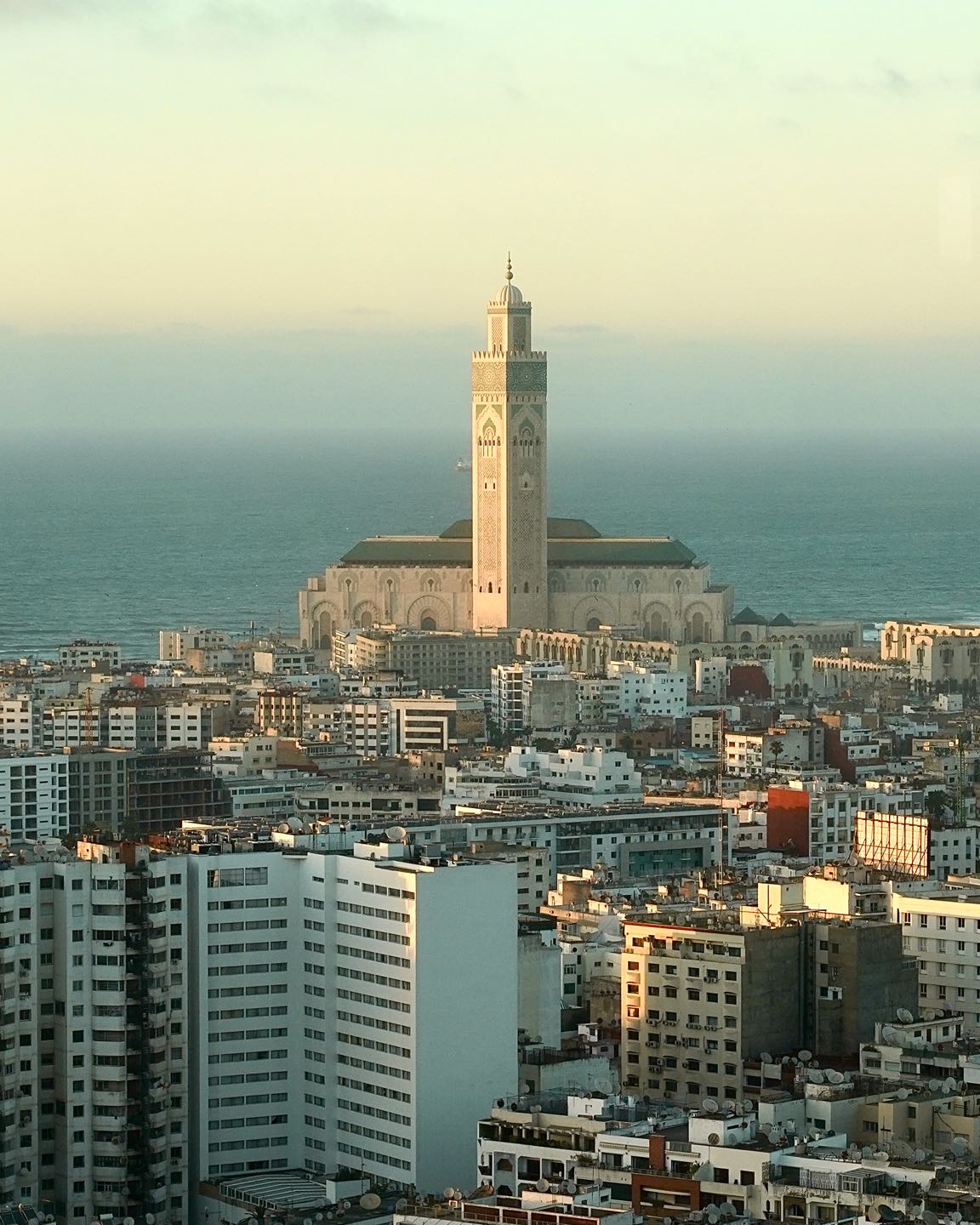 Panoramic view of Casablanca and the Hassan II Moque at sunset. Best views of Casablanca.